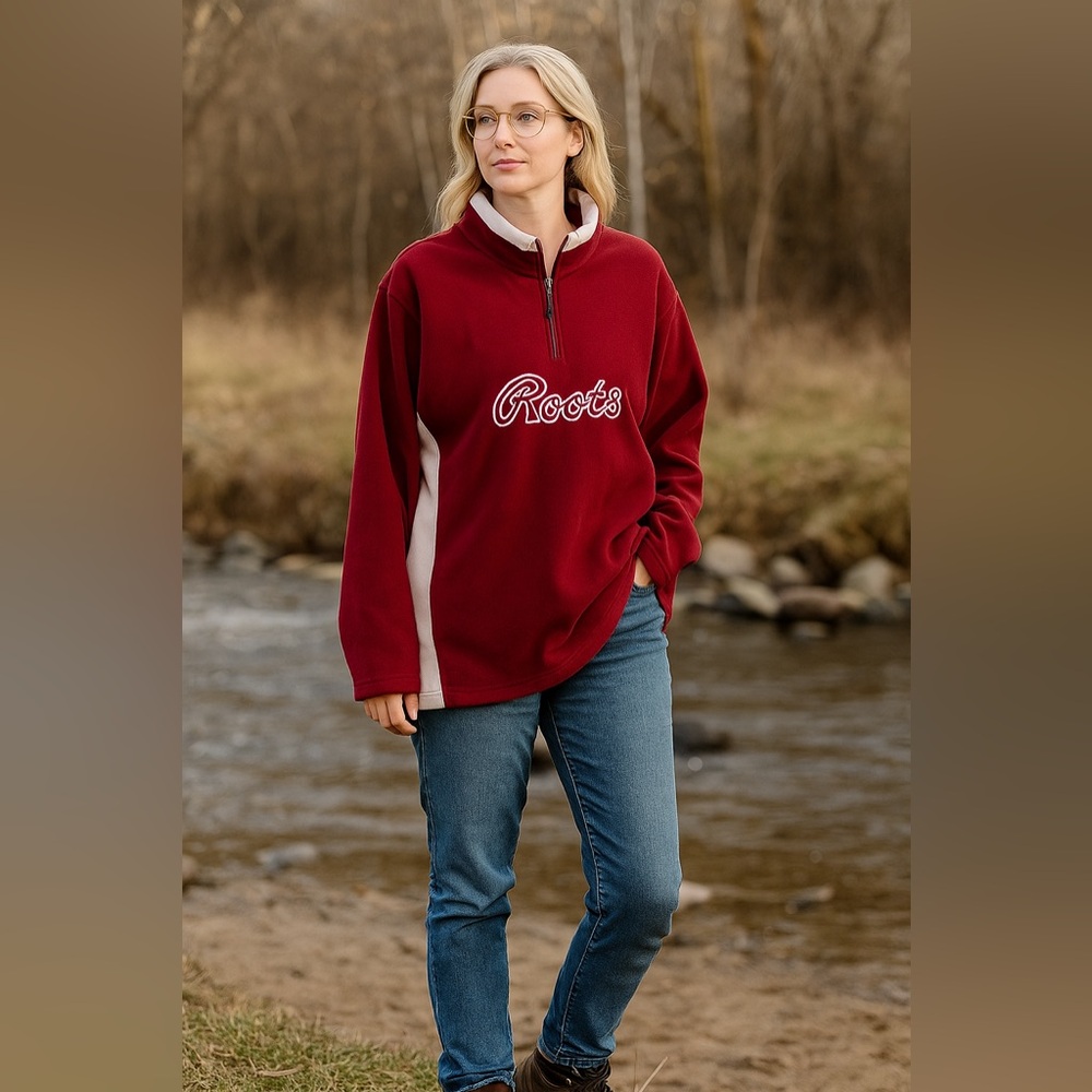 Roots Y2K vintage 1/4 zip fleece with pockets and drawstring, oversized size M
